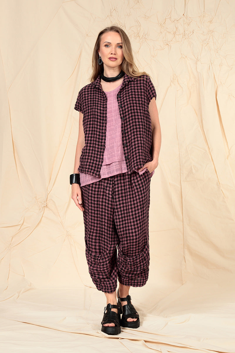 Layered Mauve Taupe Checkered Silk Cotton Blouse 7