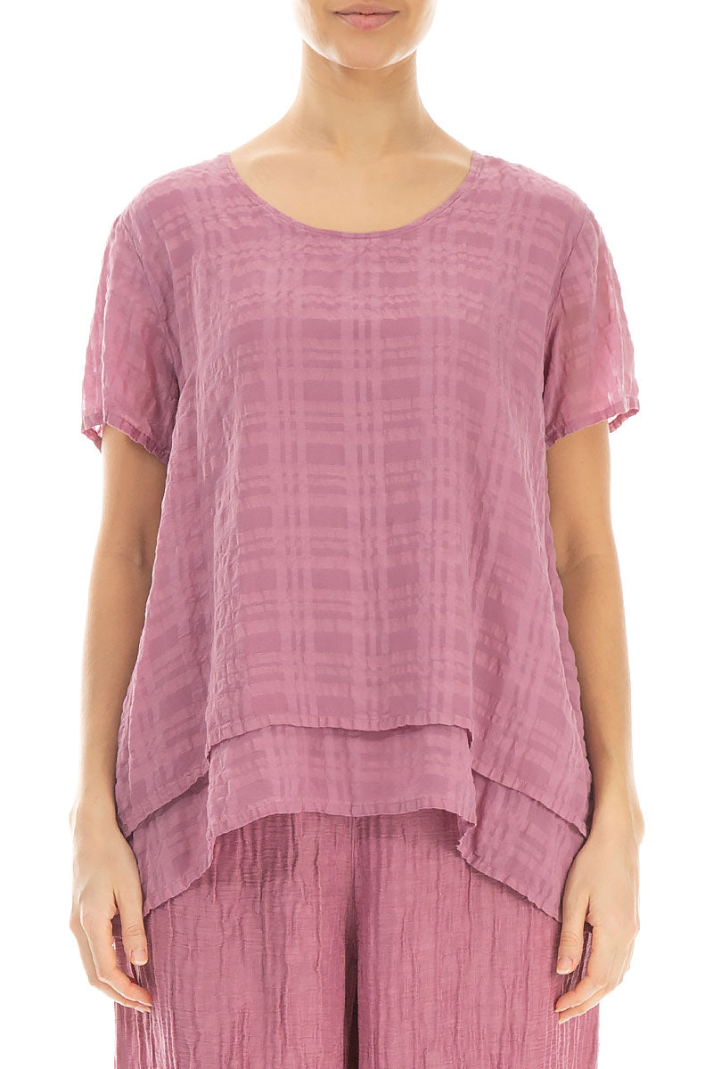 Layered Mauve Taupe Checkered Silk Cotton Blouse 1
