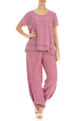 Layered Mauve Taupe Checkered Silk Cotton Blouse 4