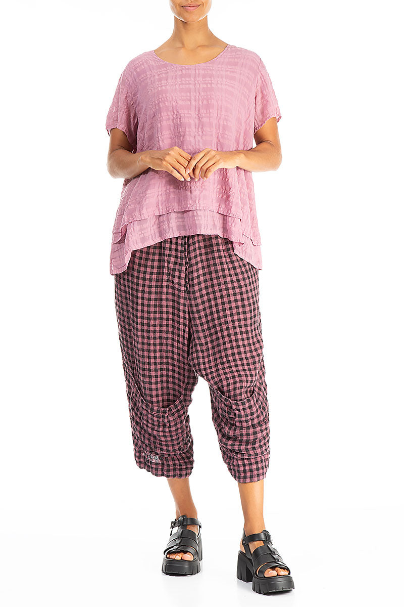 Layered Mauve Taupe Checkered Silk Cotton Blouse 5