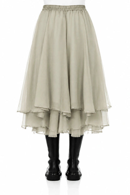 Layered Olive Grey Silk Chiffon Skirt
