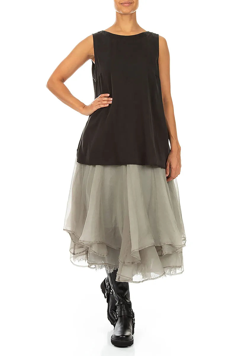 Layered Olive Grey Silk Chiffon Skirt