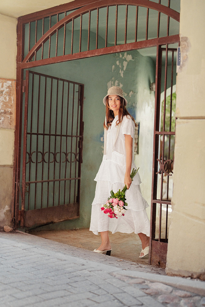 Layered Ruffles White Linen Dress 5