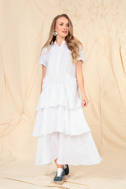 Layered Ruffles White Linen Dress 6