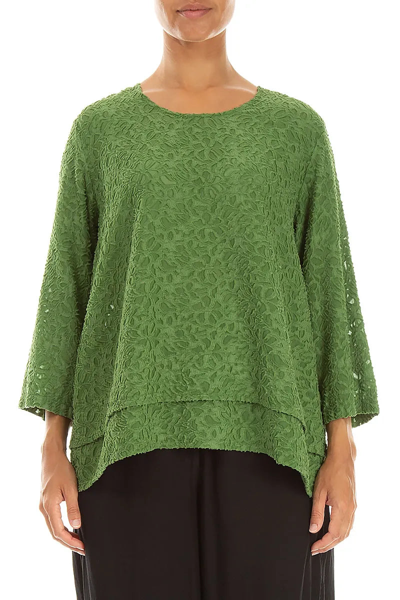 Layered Shamrock Green Floral Texture Silk Blouse