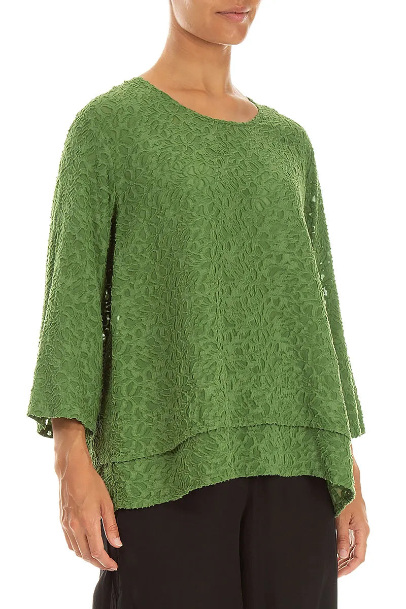 Layered Shamrock Green Floral Texture Silk Blouse