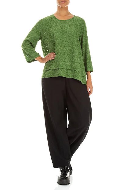 Layered Shamrock Green Floral Texture Silk Blouse