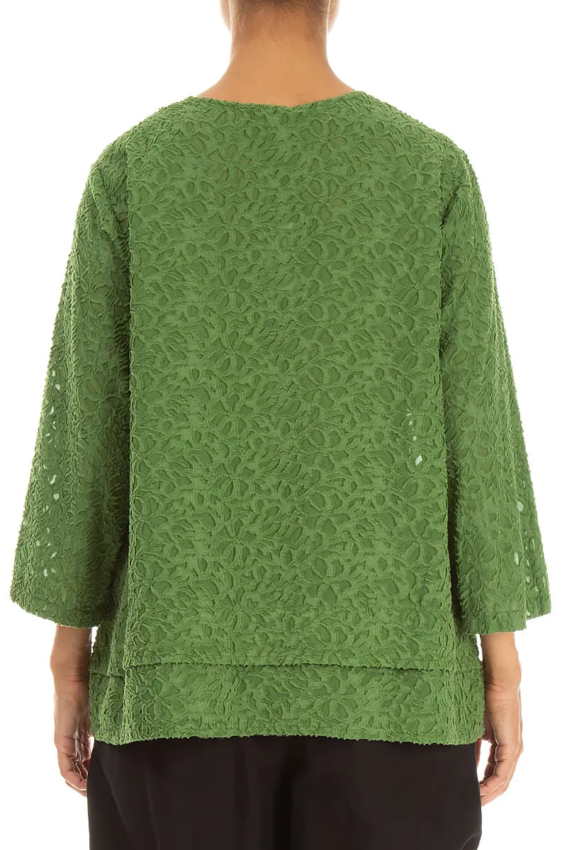 Layered Shamrock Green Floral Texture Silk Blouse