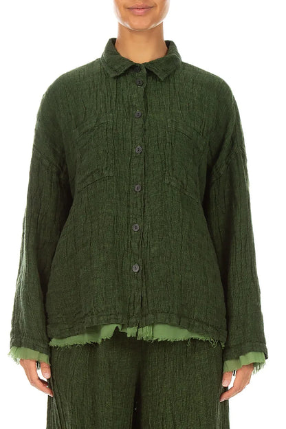 Layered Shamrock Green Mélange Linen Shirt