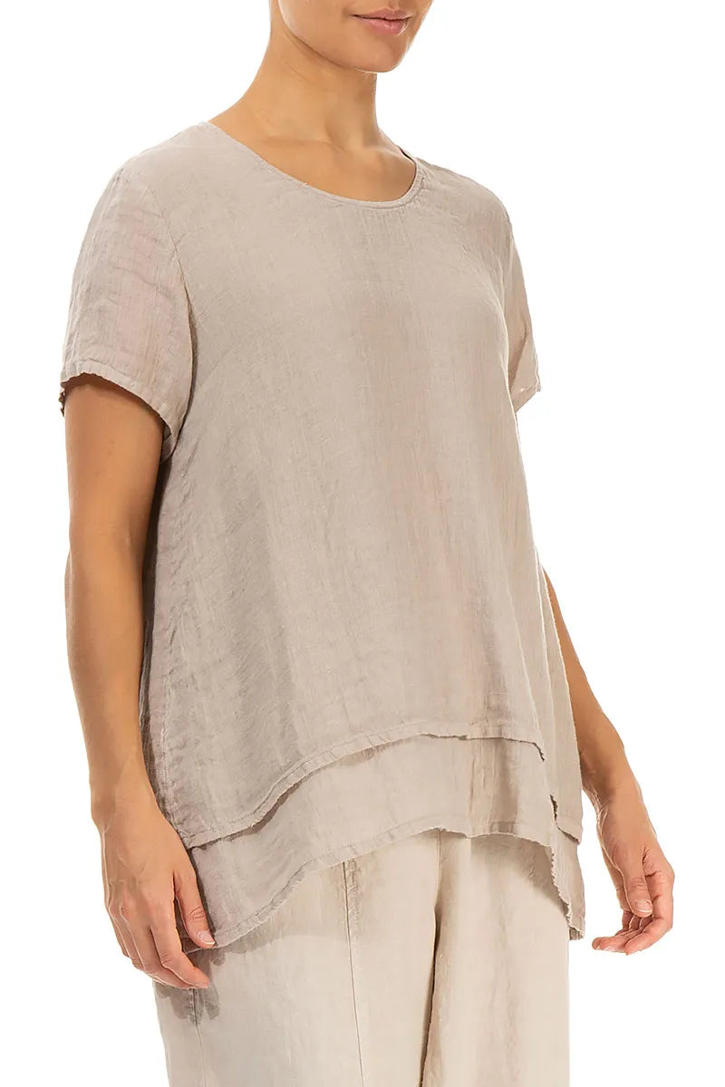 Layered Short Sleeves Beige Gauze Linen Blouse 3