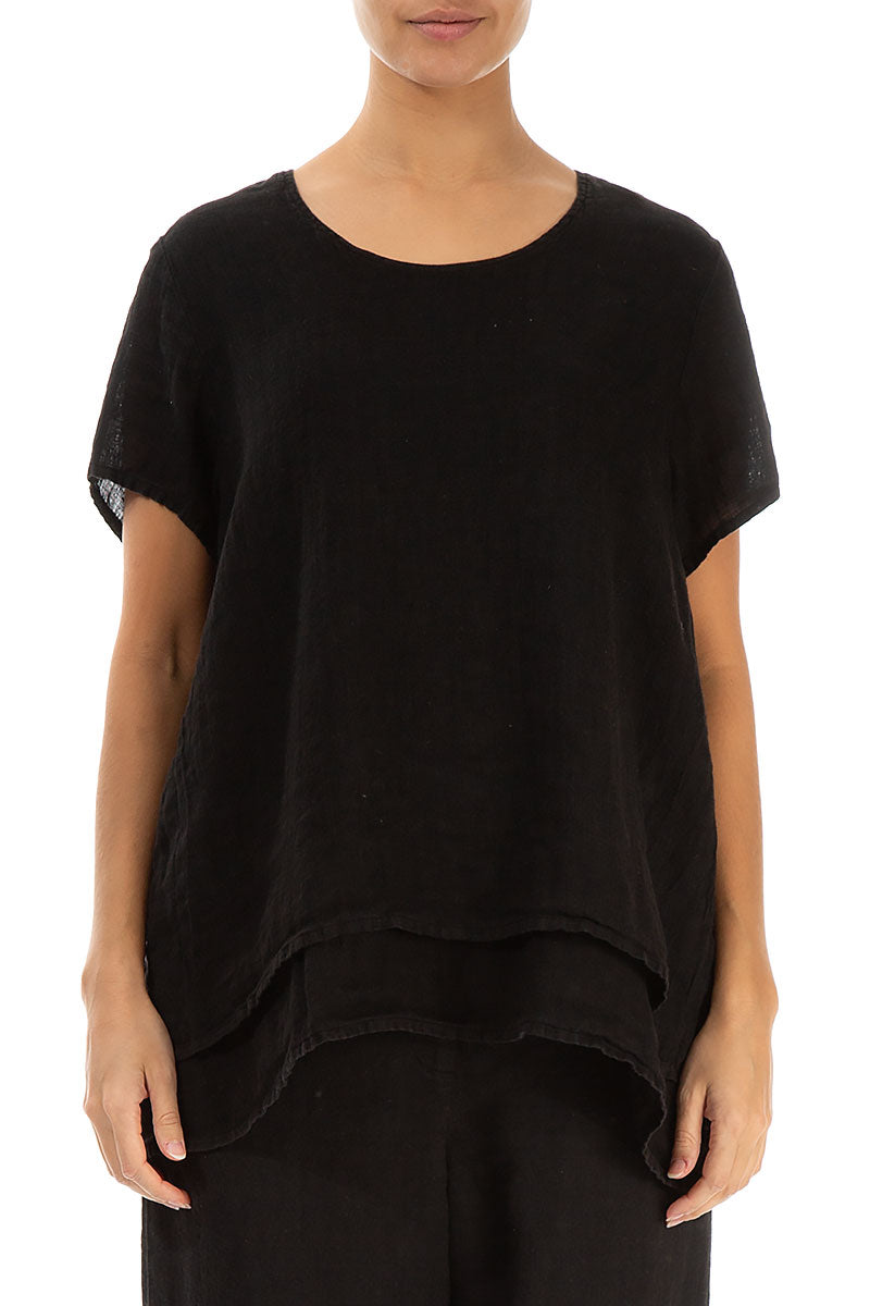 Layered Short Sleeves Black Gauze Linen Blouse 1