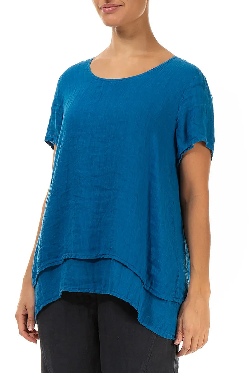 Layered Short Sleeves Cobalt Blue Gauze Linen Blouse
