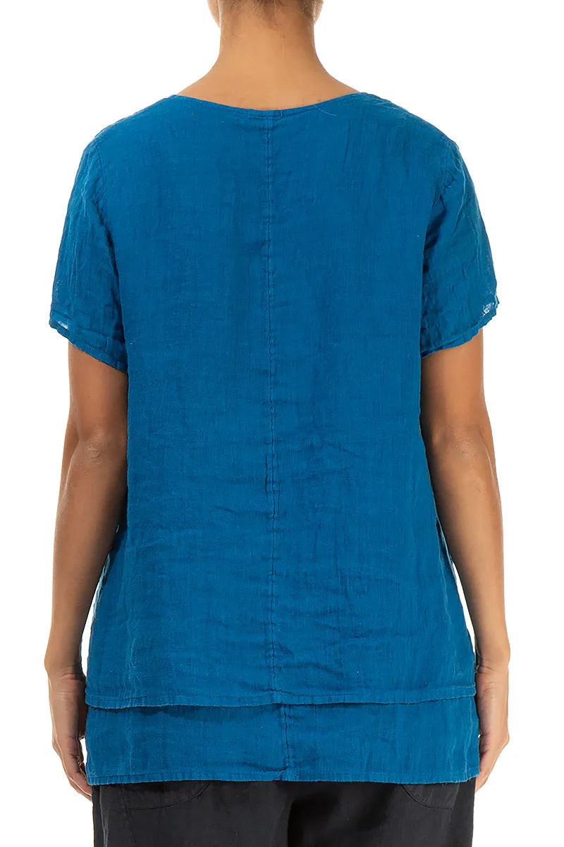 Layered Short Sleeves Cobalt Blue Gauze Linen Blouse