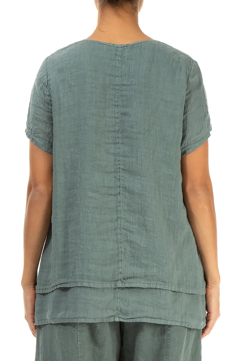 Layered Short Sleeves Sage Gauze Linen Blouse 2
