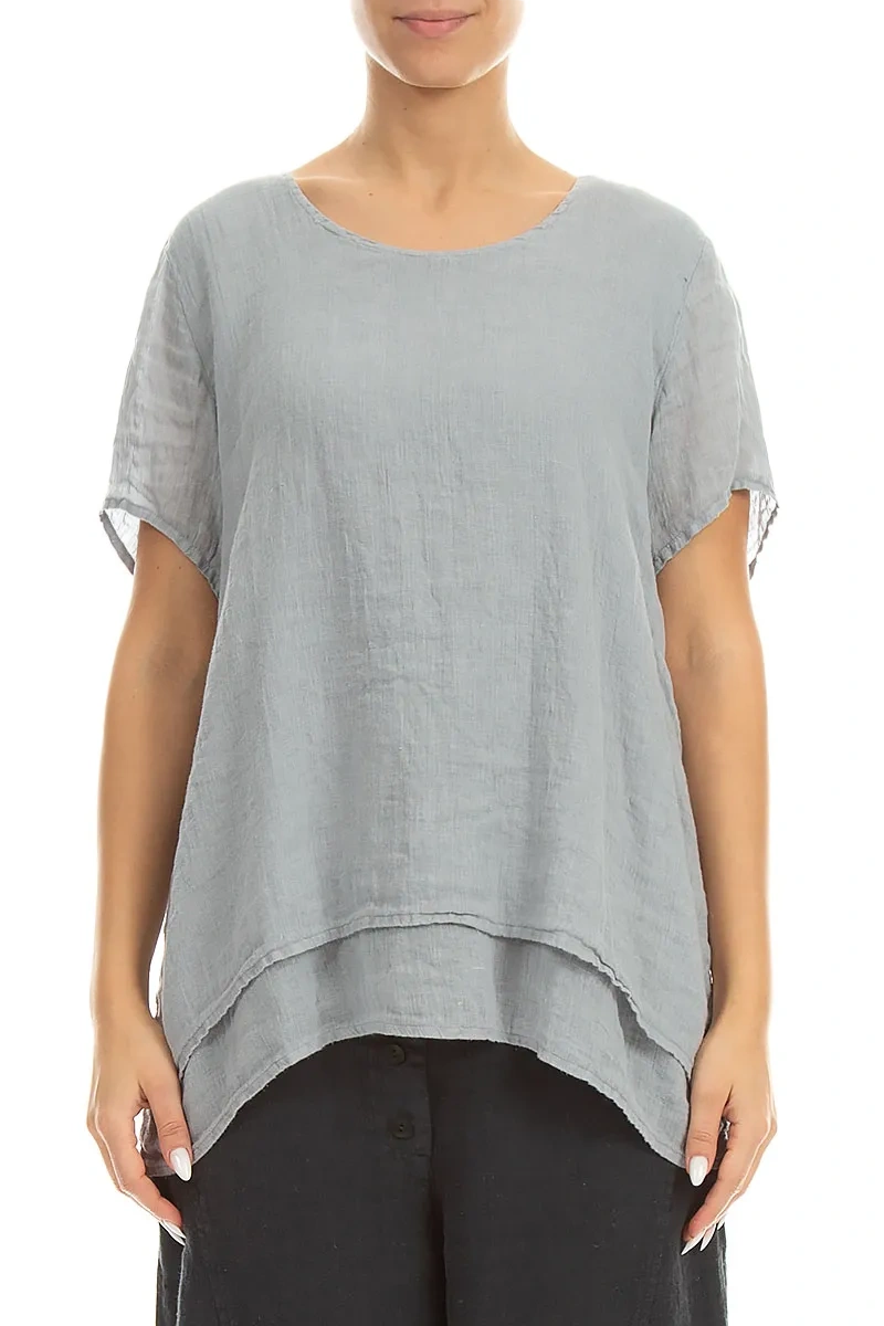 Layered Short Sleeves Silver Grey Gauze Linen Blouse 1
