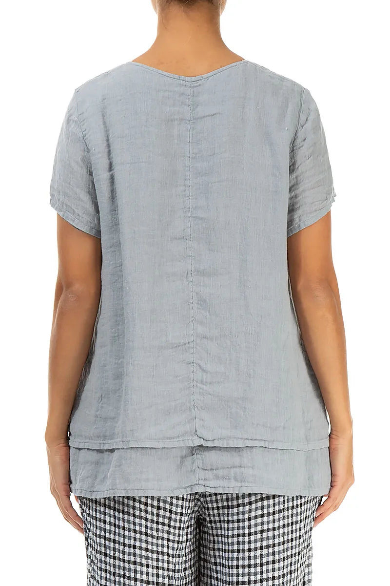 Layered Short Sleeves Silver Grey Gauze Linen Blouse 2