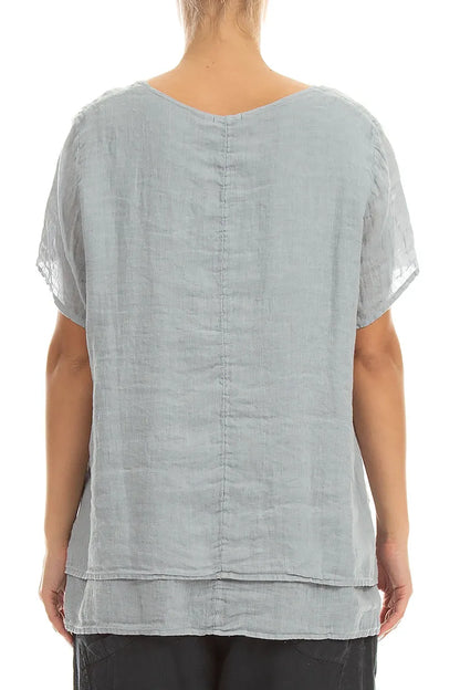 Layered Short Sleeves Silver Grey Gauze Linen Blouse 2