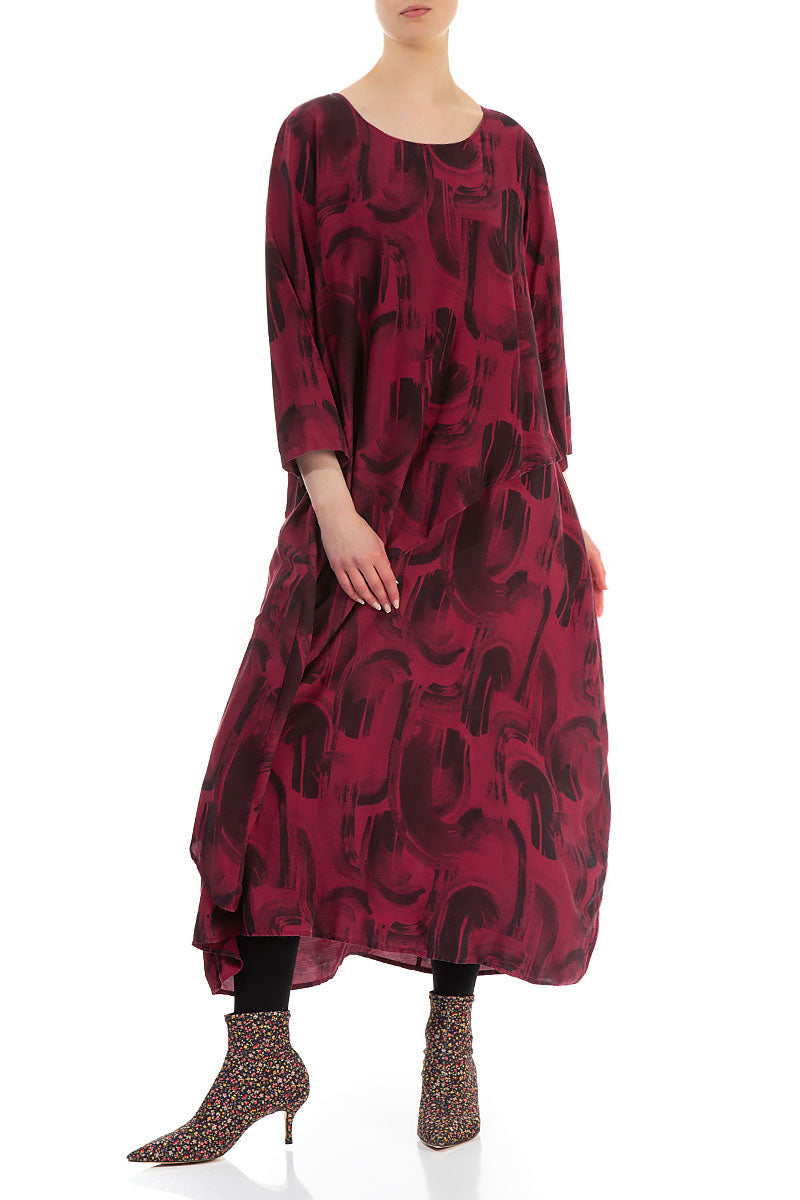 Layered Side Claret Paintwave Silk Bamboo Dress 3