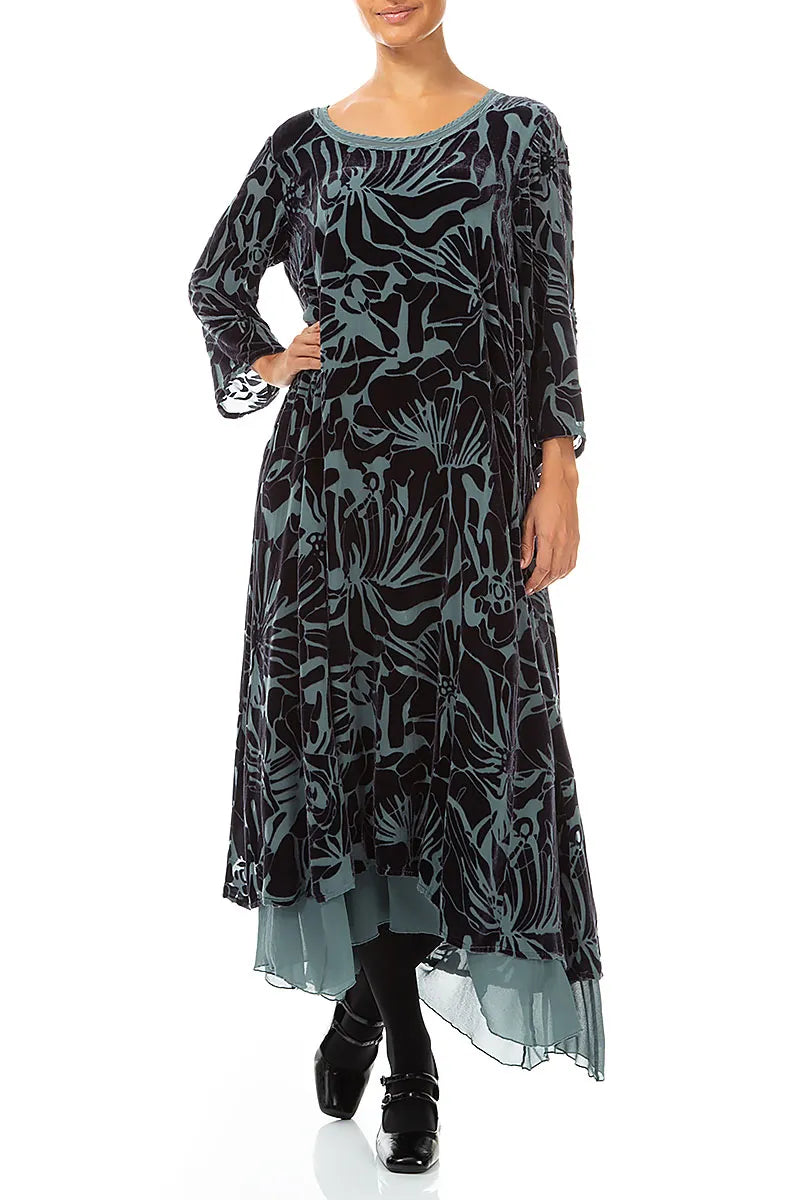 Lagenkleid aus floraler Devore-Seide und Samt in Schiefergrau