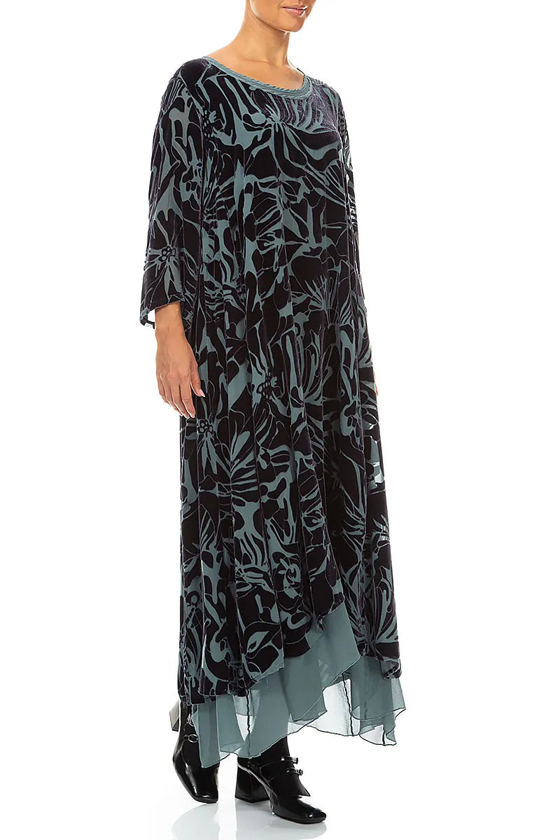 Lagenkleid aus floraler Devore-Seide und Samt in Schiefergrau
