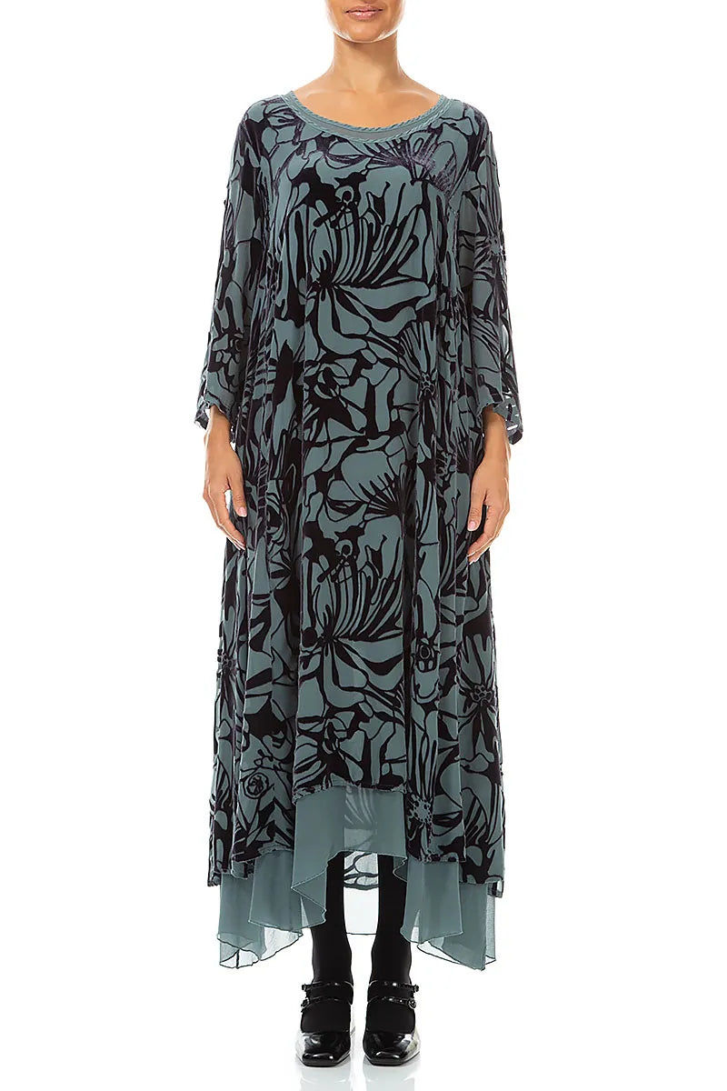 Layered Slate Grey Floral Devoré Silk Velvet Dress 1