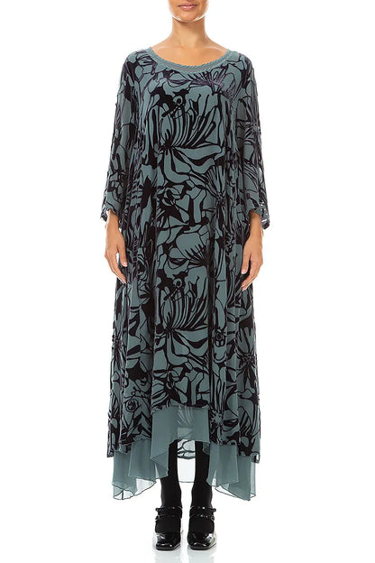Layered Slate Grey Floral Devoré Silk Velvet Dress 1