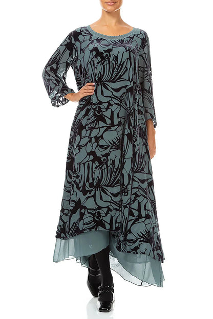 Layered Slate Grey Floral Devoré Silk Velvet Dress 4