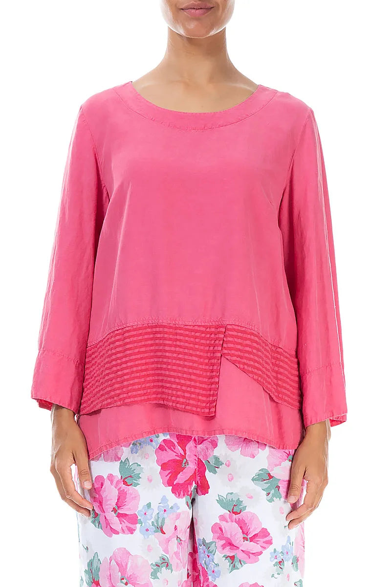 Layered Textured Hem Raspberry Silk Linen Blouse 1