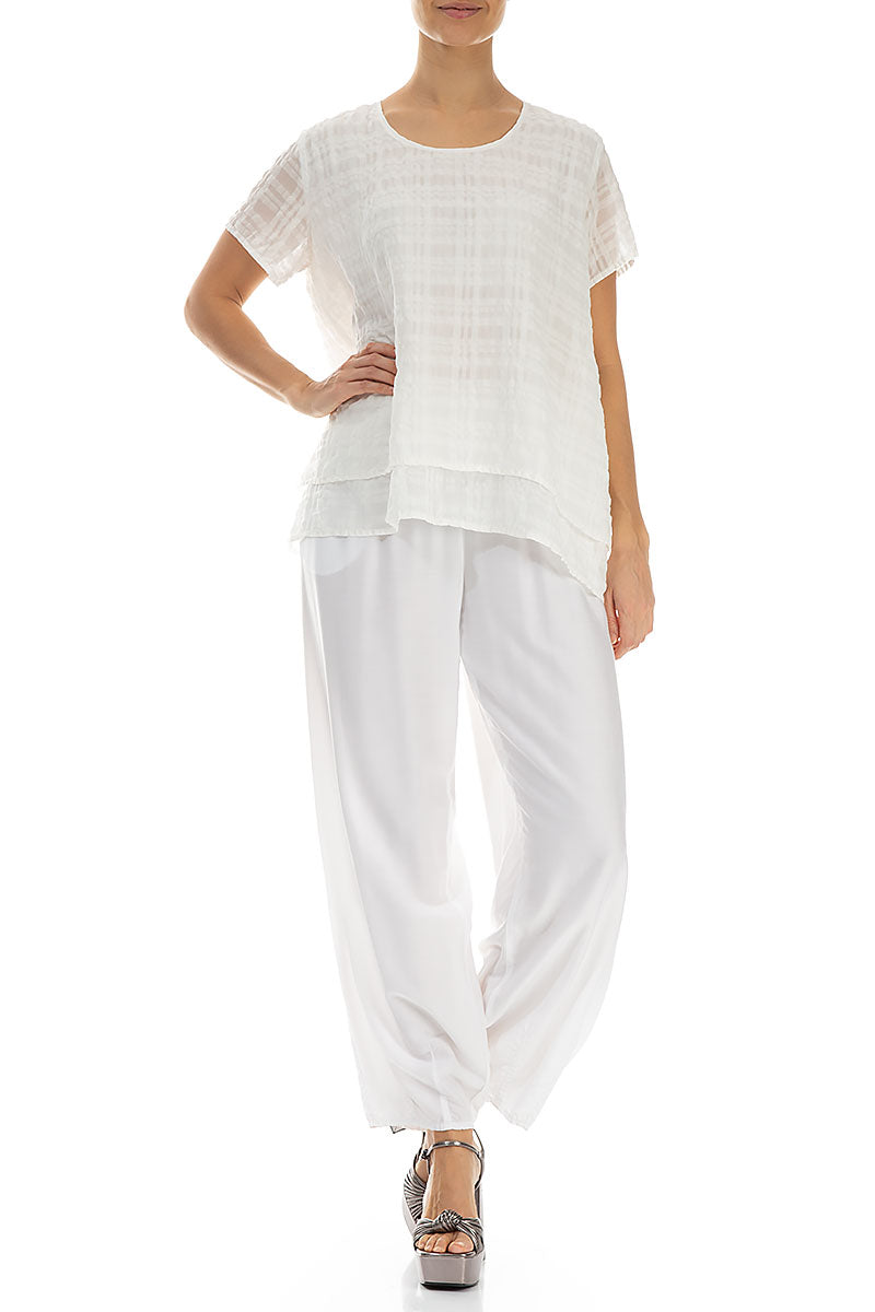 Layered White Checkered Silk Cotton Blouse 4