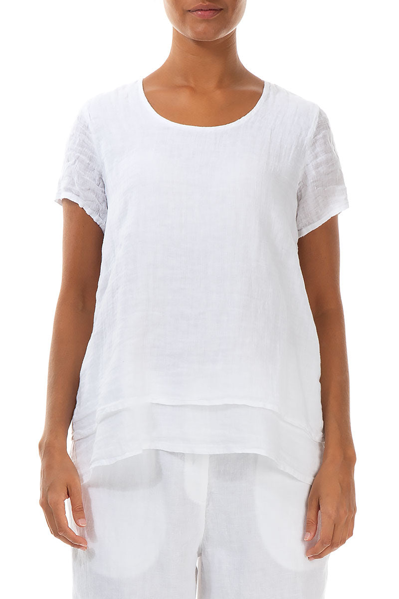 Layered Short Sleeves White Gauze Linen Blouse 1