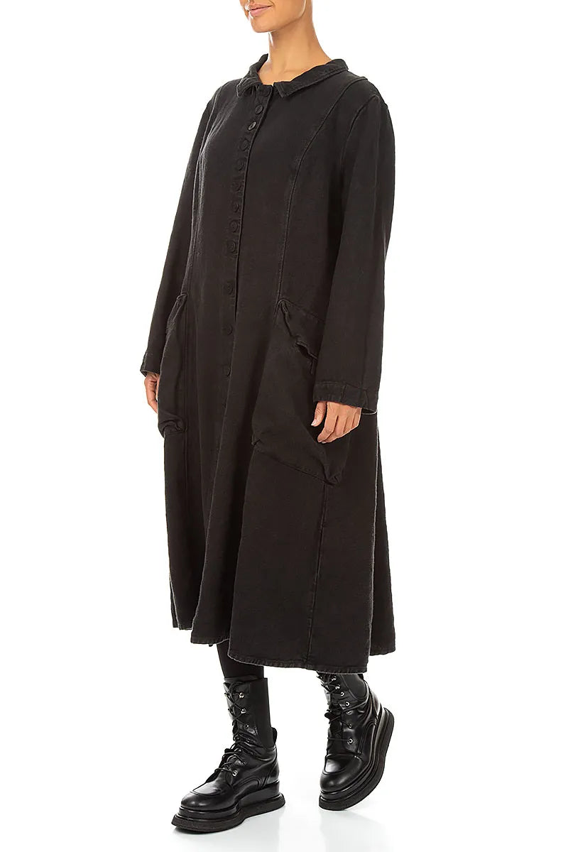 Long Buttonline Black Heavy Linen Jacket