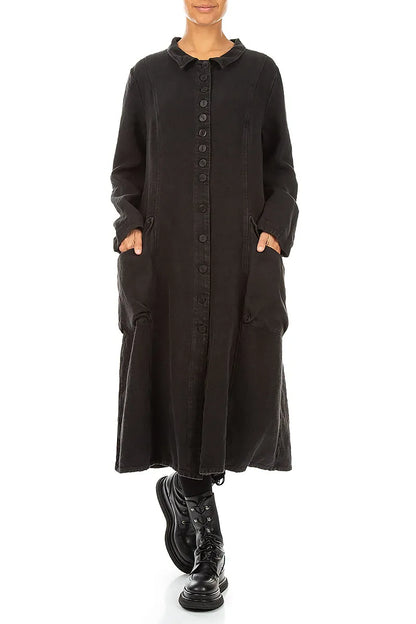 Long Buttonline Black Heavy Linen Jacket