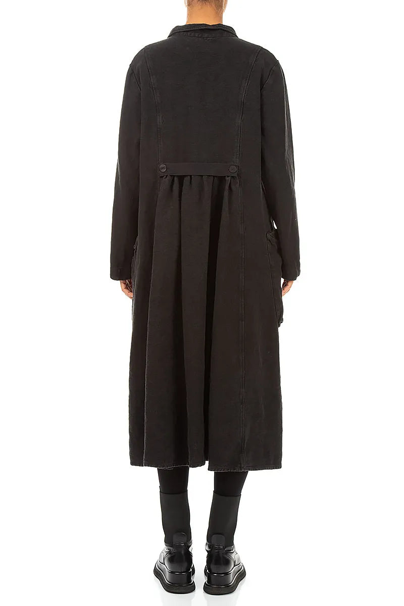 Long Buttonline Black Heavy Linen Jacket