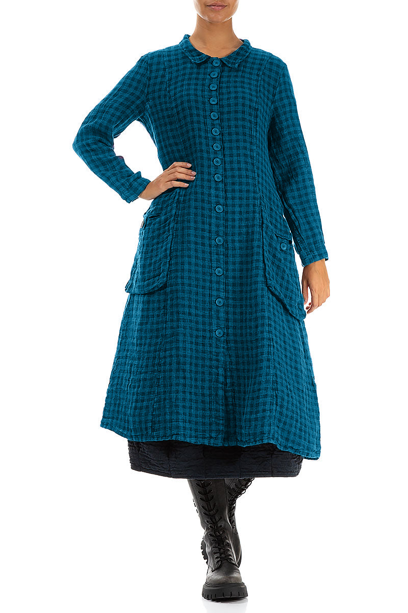 Long Buttonline Blue Check Linen Jacket
