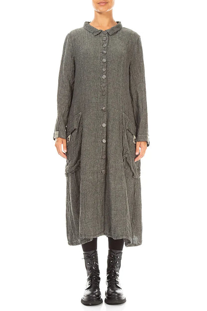 Long Buttonline Olive Grey Mélange Linen Jacket