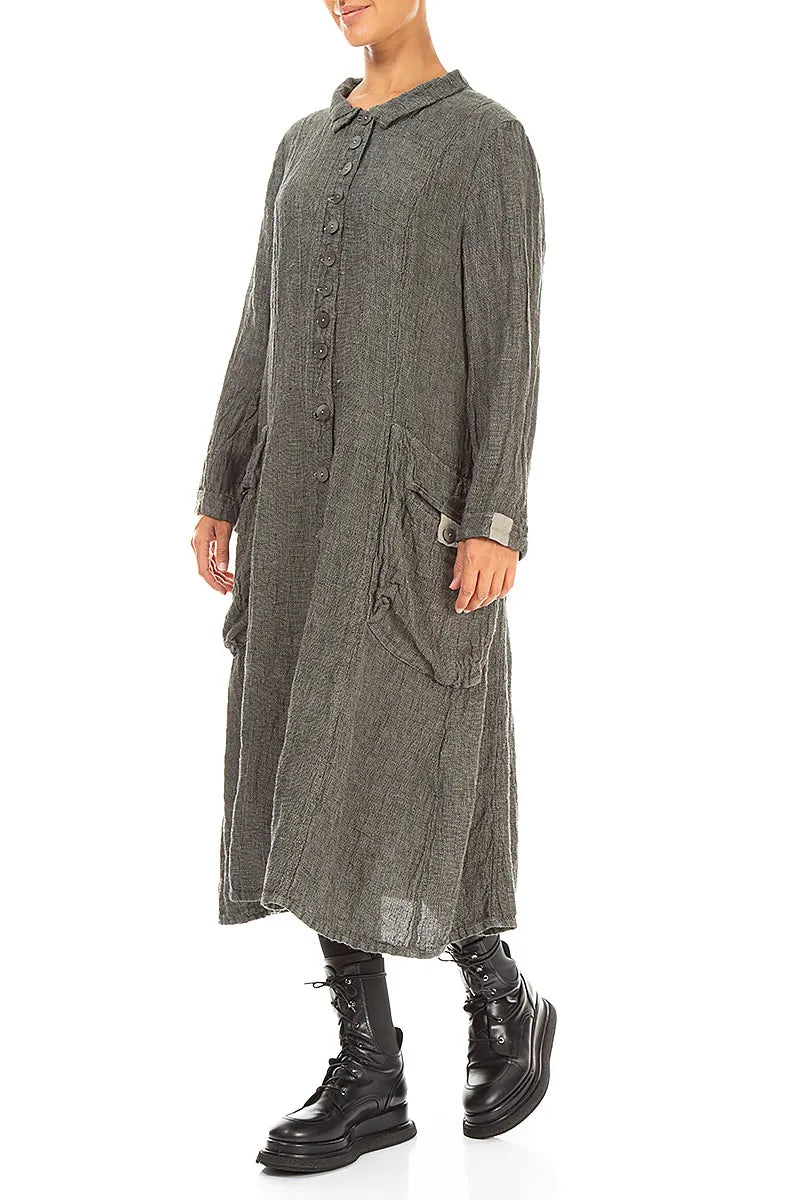 Long Buttonline Olive Grey Mélange Linen Jacket