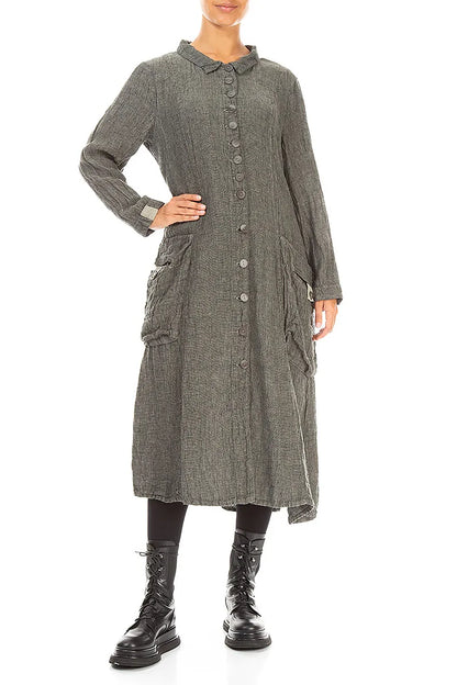 Long Buttonline Olive Grey Mélange Linen Jacket