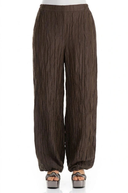 Long Crinkled Brown Silk Linen Trousers 1