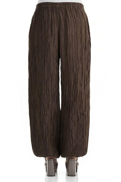 Long Crinkled Brown Silk Linen Trousers 2