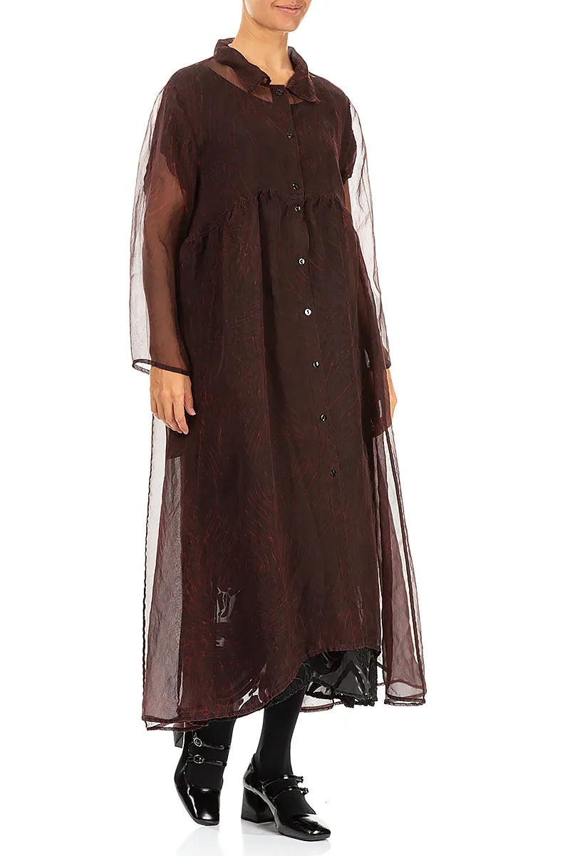 Long Dark Cherry Red Printed Silk Chiffon Jacket