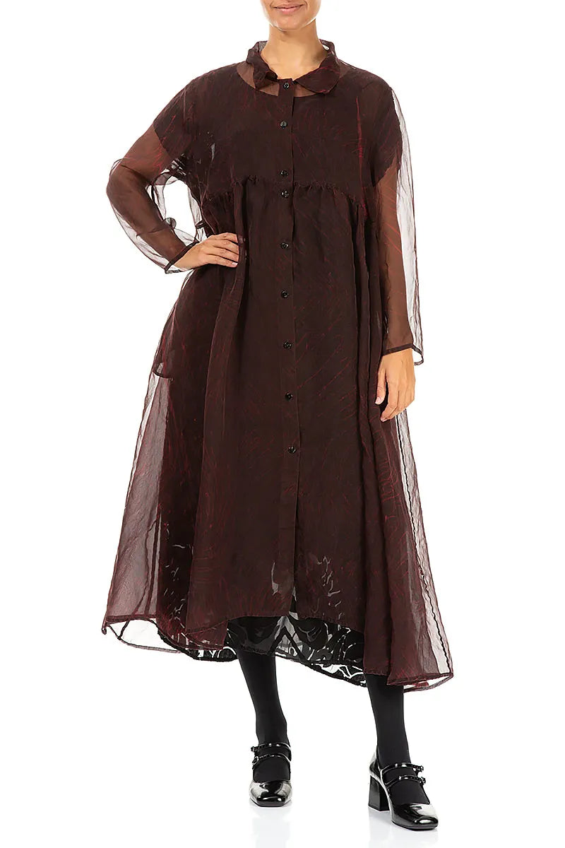 Long Dark Cherry Red Printed Silk Chiffon Jacket