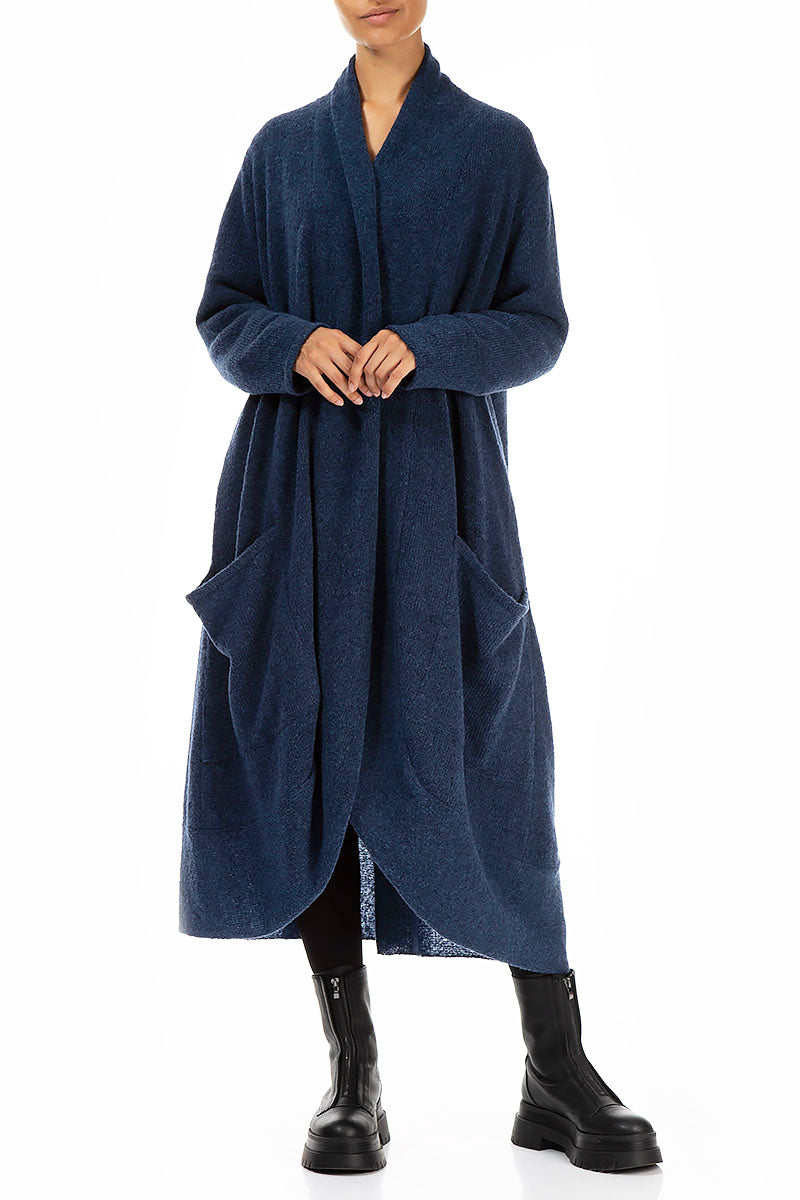 Long Open Blue Wool Cardigan