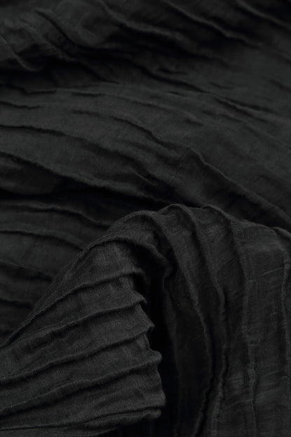 Long Sleeve Balloon Crinkled Black Silk Linen Dress 6