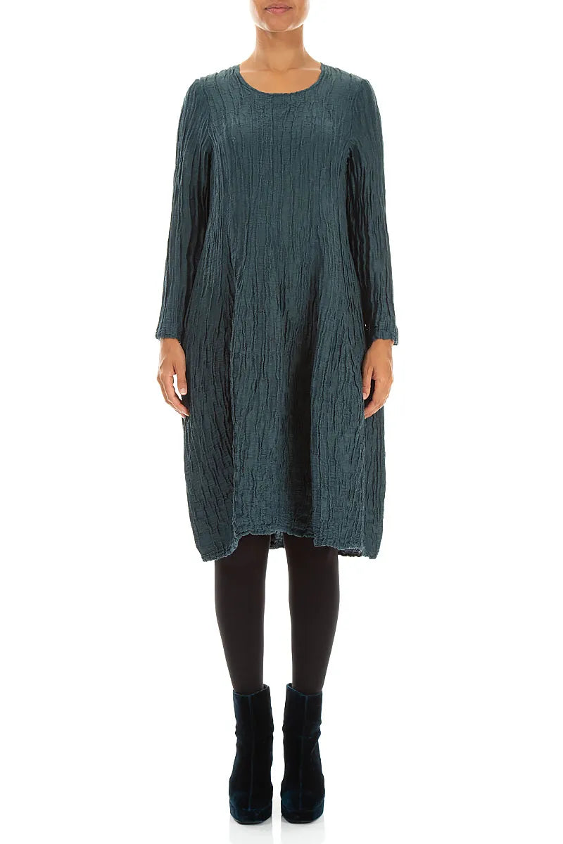 Long Sleeve Balloon Crinkled Deep Turquoise Silk Linen Dress