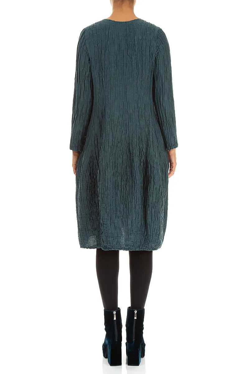 Long Sleeve Balloon Crinkled Deep Turquoise Silk Linen Dress