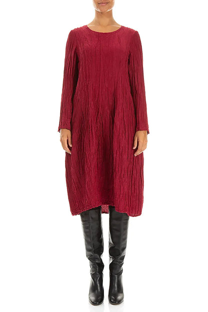 Long Sleeve Balloon Crinkled Ruby Silk Linen Dress 1