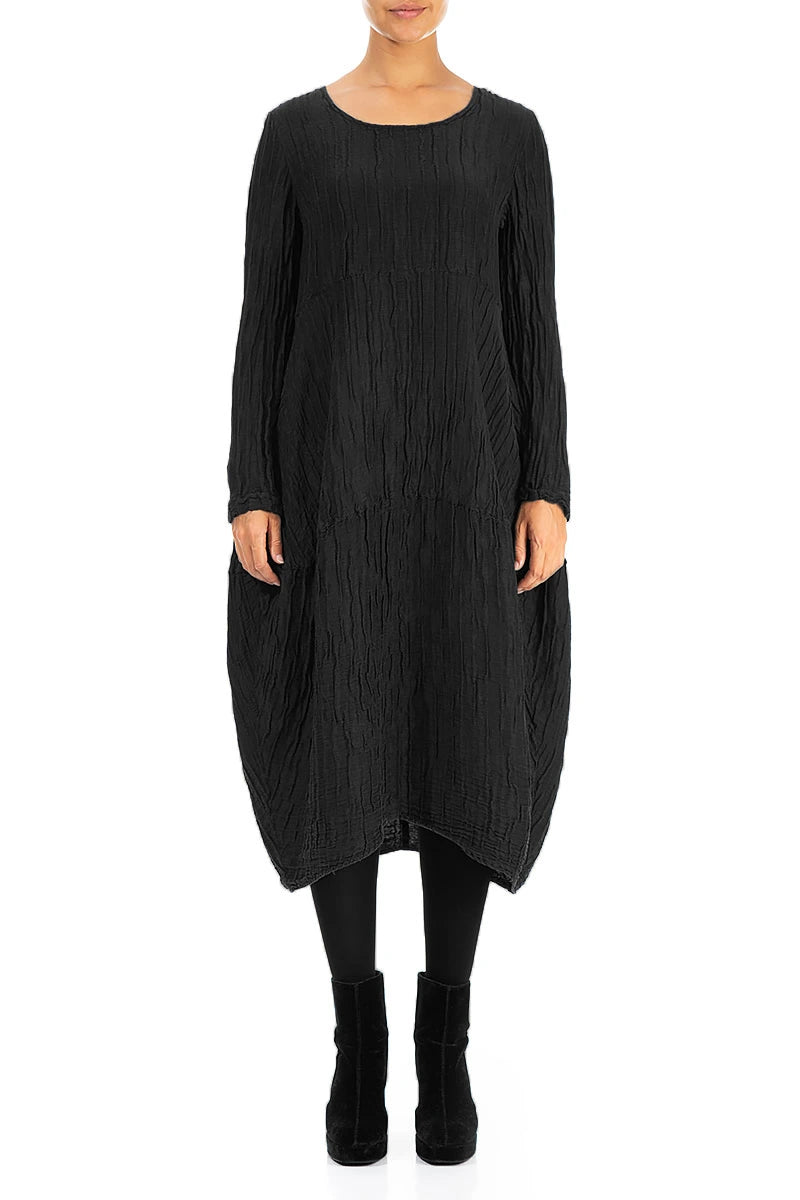 Robe noire froissée à manches longues, en soie et lin, coupe ballon