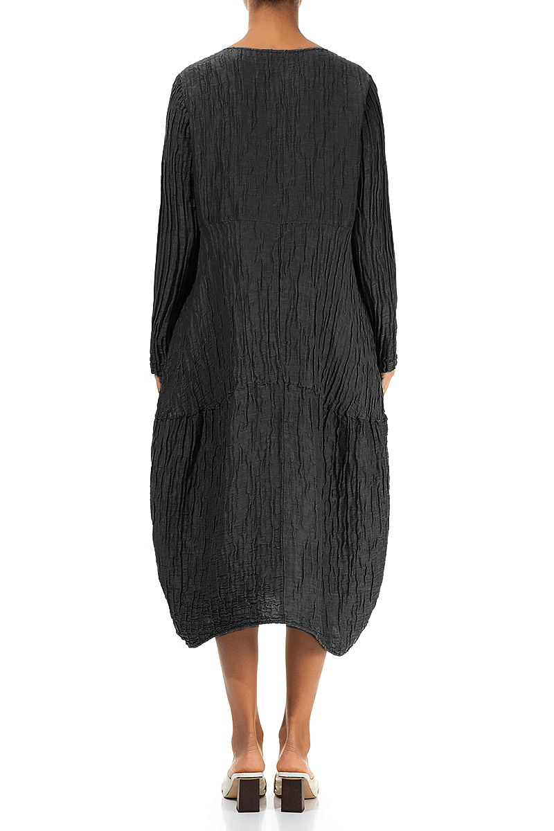 Long Sleeves Balloon Crinkled Black Silk Linen Dress