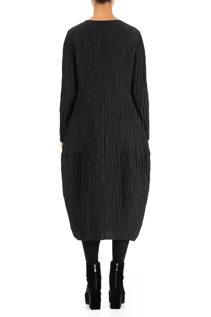 Robe noire froissée à manches longues, en soie et lin, coupe ballon