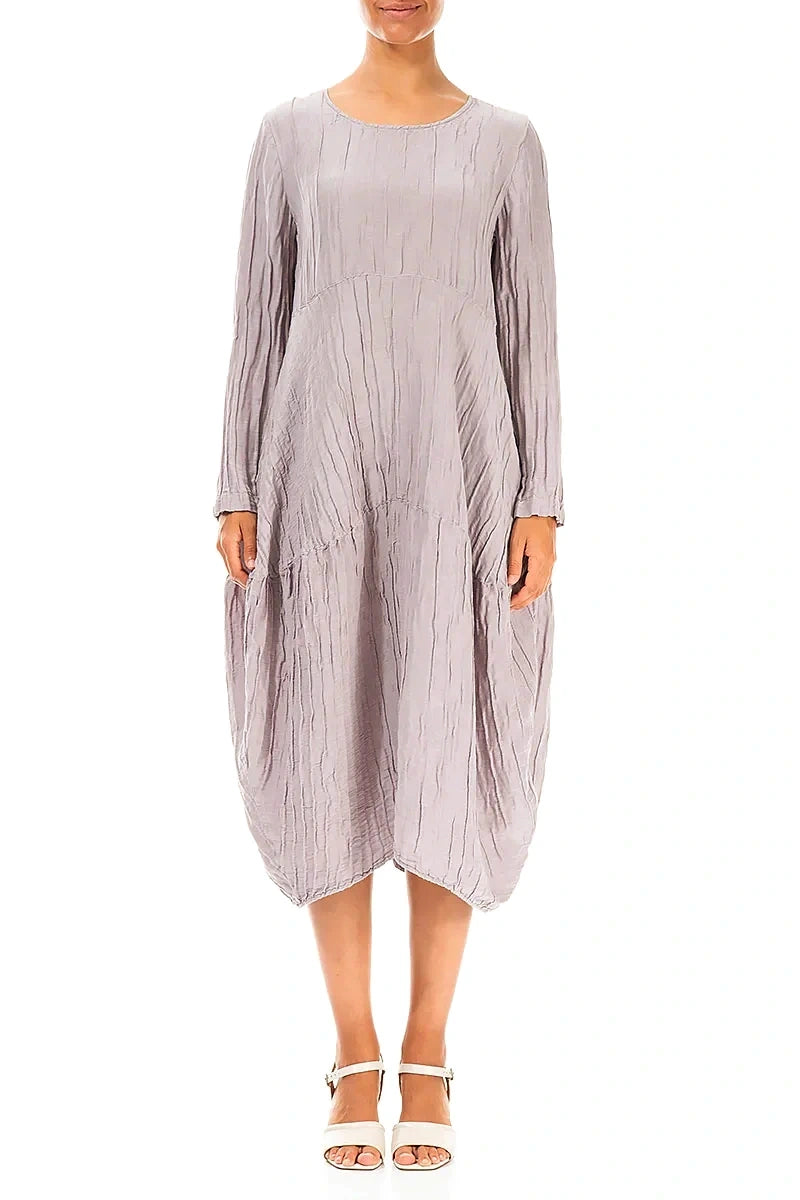 Long Sleeves Balloon Crinkled Greige Silk Linen Dress 1